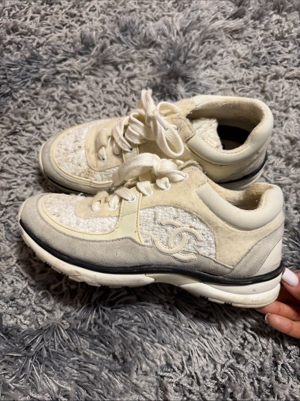 CHANEL Cream and Ivory Tweed Suede Sneakers